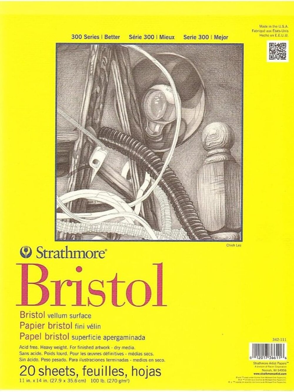 300 Series Bristol Paper Pad, Vellum, Tape Bound, 11x14 inches, 20 Sheets 100lb/